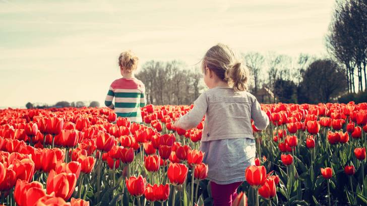 girls walking thru tulips