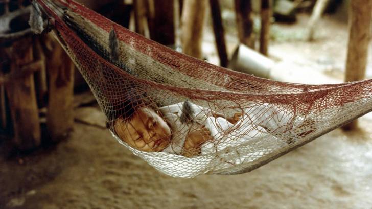 baby sleeping in a netted hammock