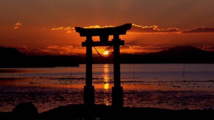 japanese shrine at sunset