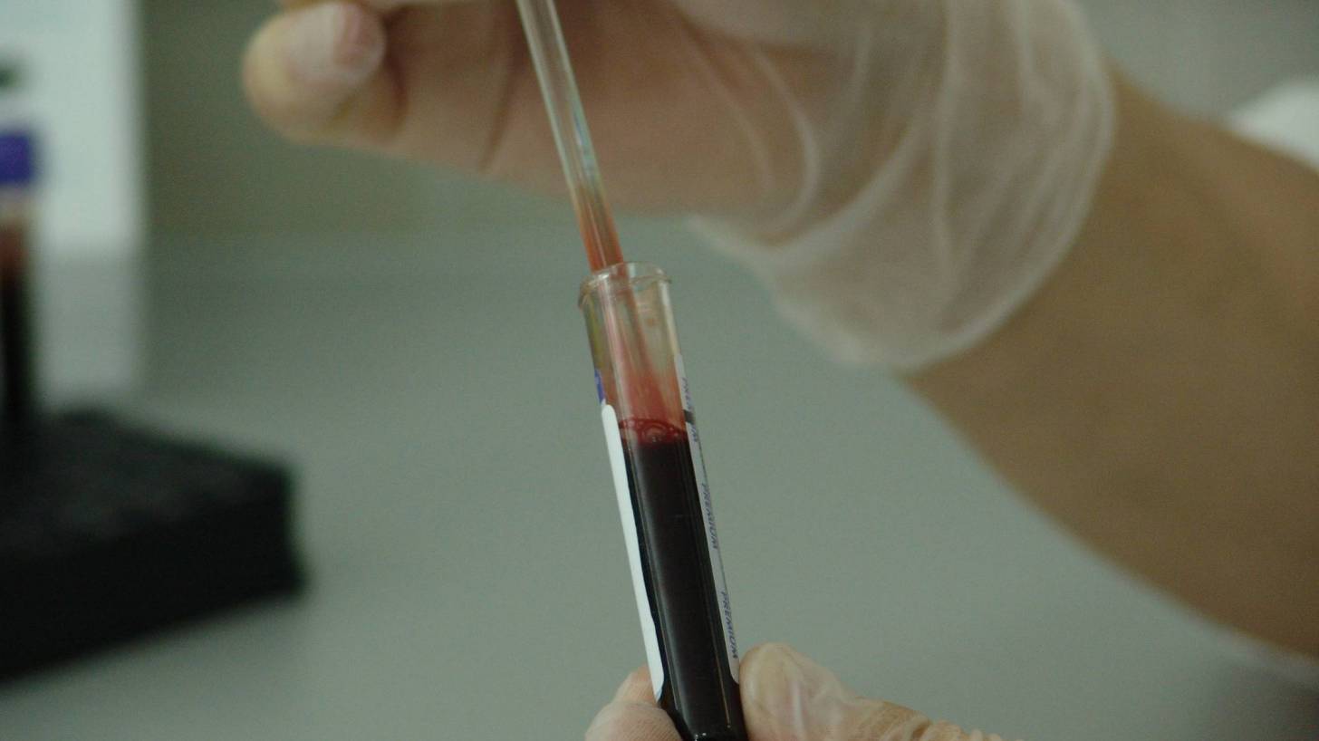 researcher looking at a vial of blood