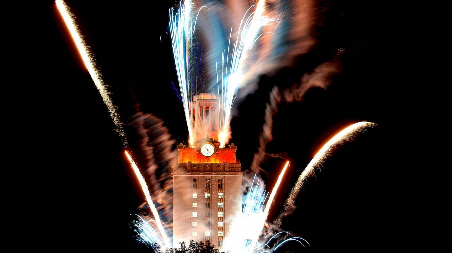 ut tower during a fireworks show