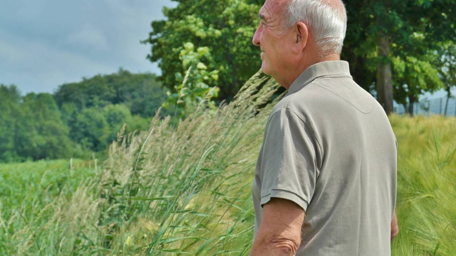 older man walking in a field