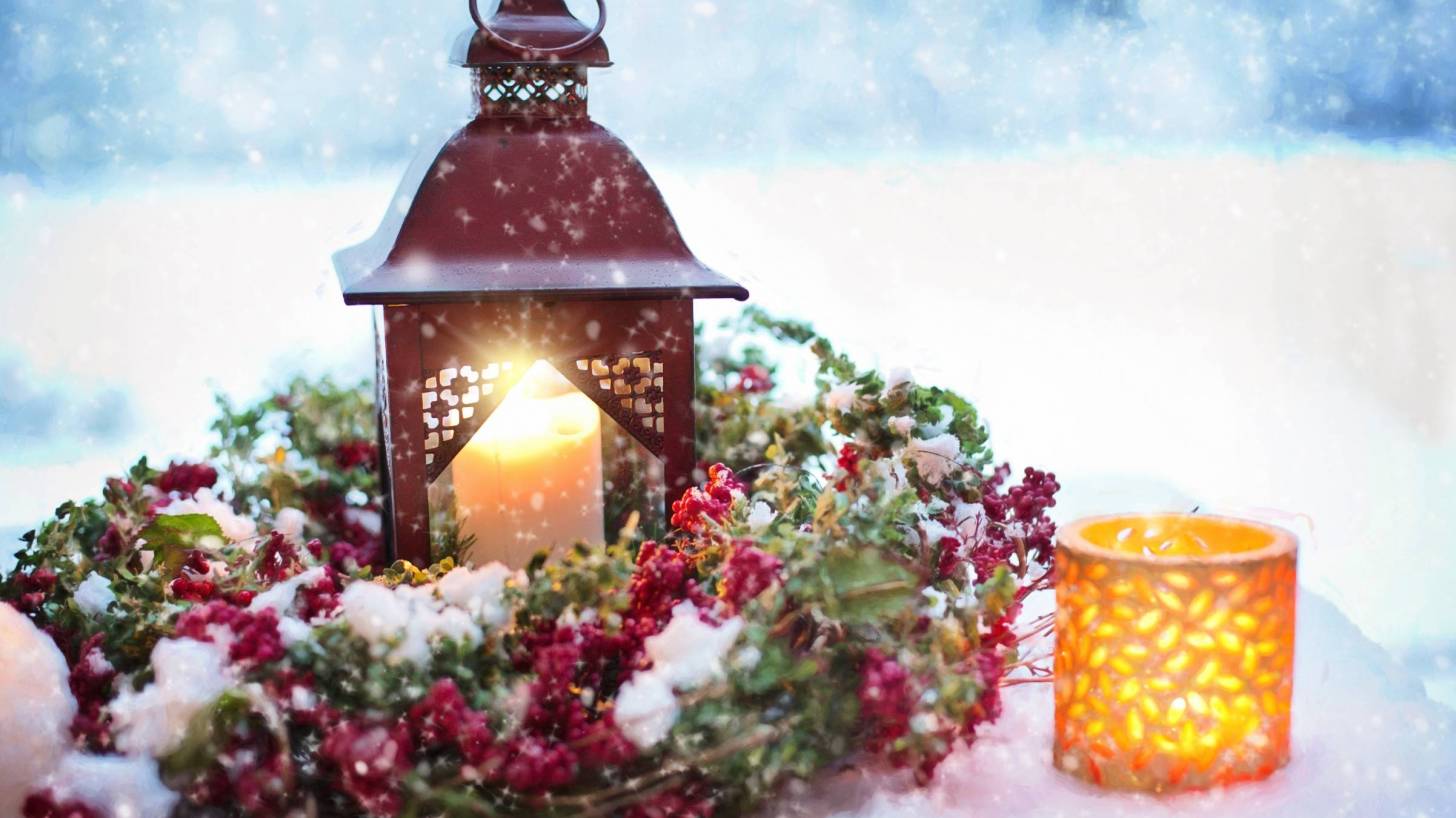 winter scene with snow and candles