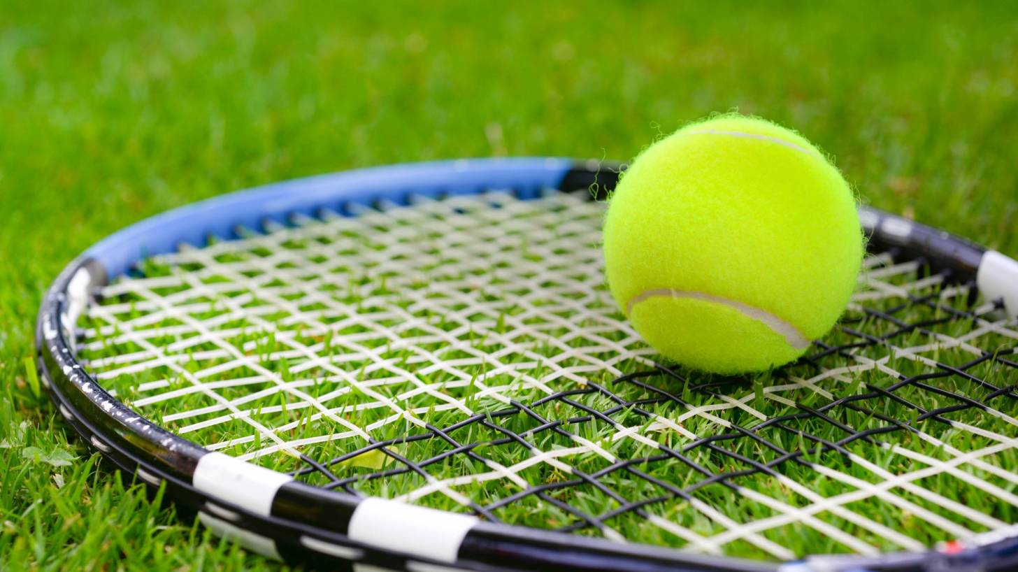 grass court, tennis ball and racket