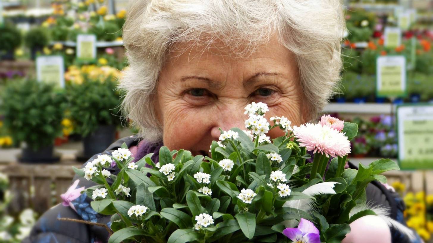 senior woman looking at flowers
