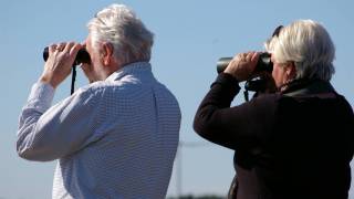 older couple looking thru binoculars for answers