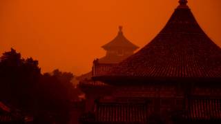 red sky chinese buildings
