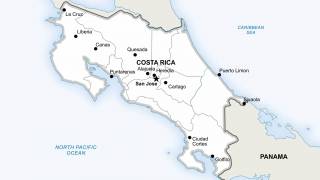 costa rica map showing the country and cities within