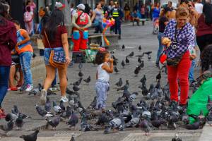 children and folks in a square feeding birds