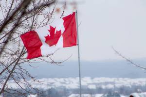 Canadian flag on a winter day